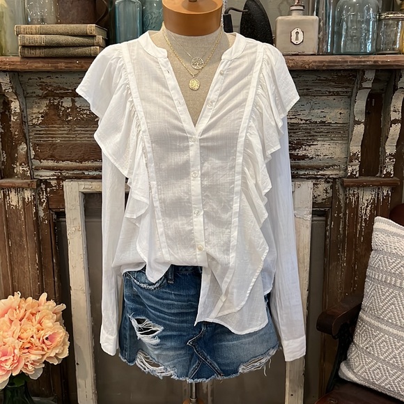 PAIGE FARREN RUFFLE SHOULDER & BODICE Button Front Mandarin Collar SHIRT Blouse - Picture 6 of 7